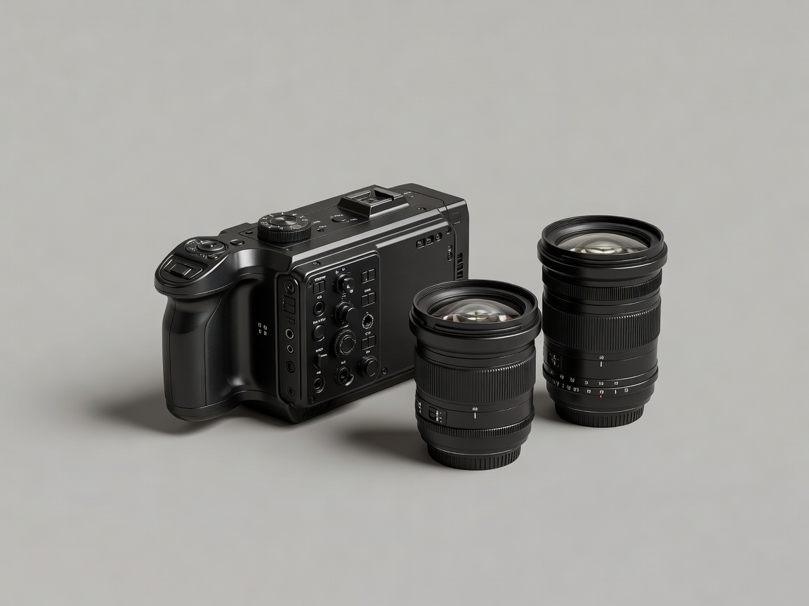 Soft-lit 3D render of a cinema camera body beside two interchangeable lenses on a plain background