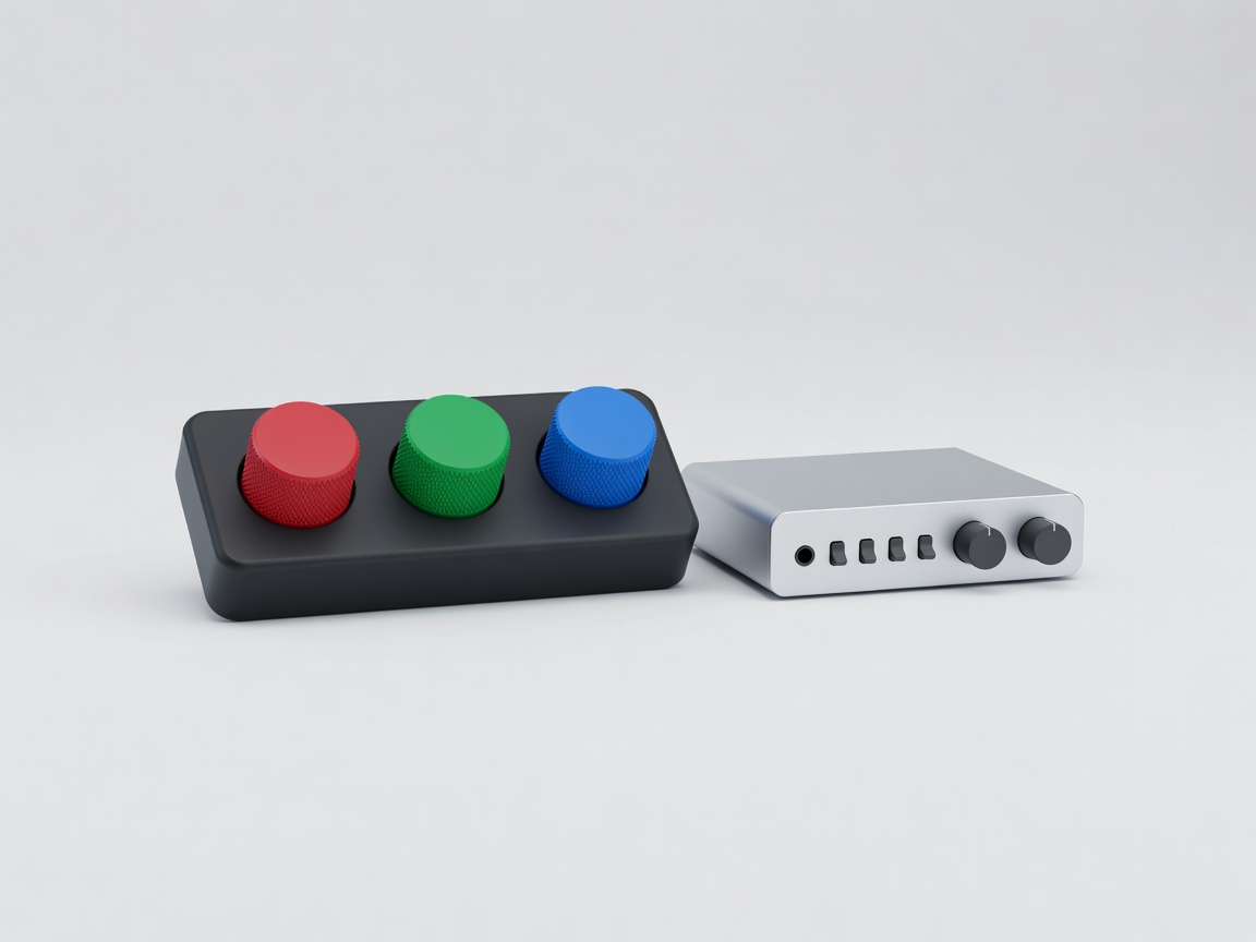 Soft-lit 3D render of a three-wheel colour control panel beside a compact audio interface on a plain white background