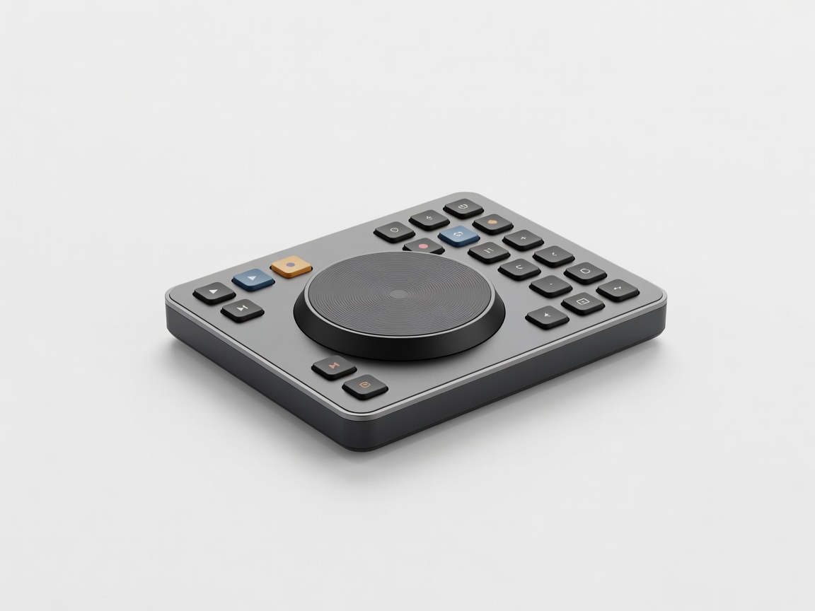 Soft-lit 3D render of a compact editing controller with jog wheel and labeled keys on a plain white background