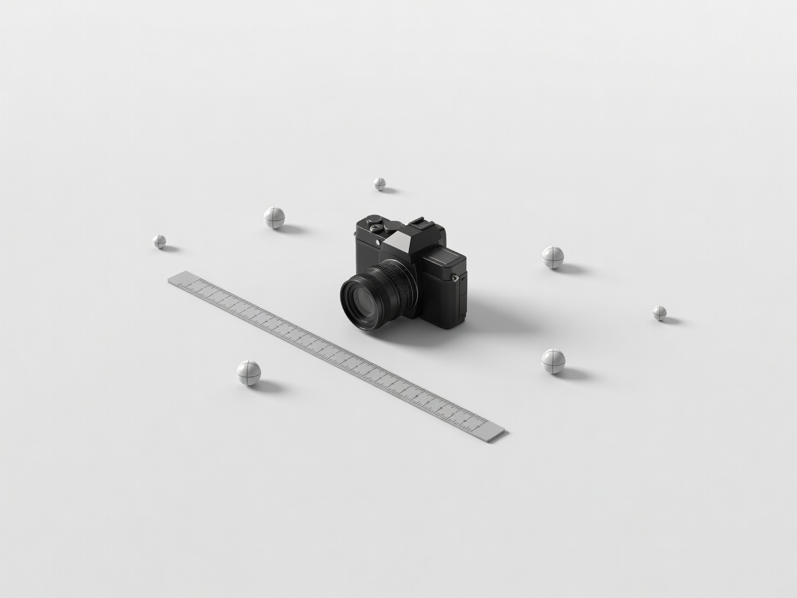 Soft-lit 3D render of a miniature camera, lens reference ruler and tracking markers arranged on a plain white surface